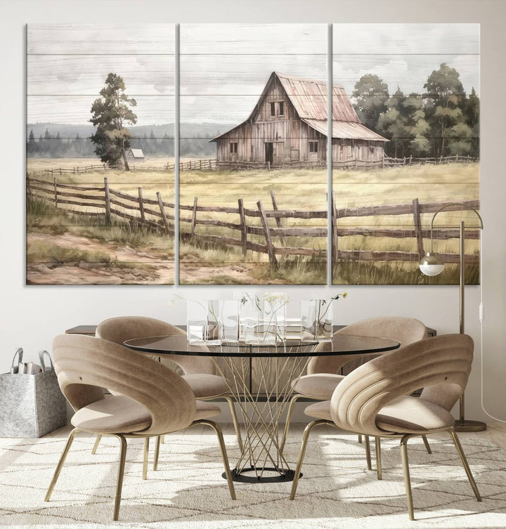 The three-panel framed gallery wrap giclee canvas print, titled "Rustic Farmhouse Barn Wall Art," showcases a country landscape with a wooden fence.