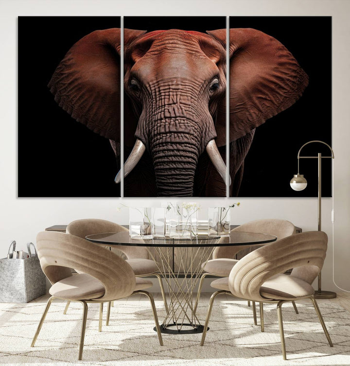 A stunning triptych titled "Wild Elephant Wall Art Canvas Print" beautifully enhances the wall above a contemporary living room. This Africa Savannah Wild Animal Wall Decor Print is of museum-quality, complete with a UV-protective coating to ensure its vibrancy and beauty are preserved for years.