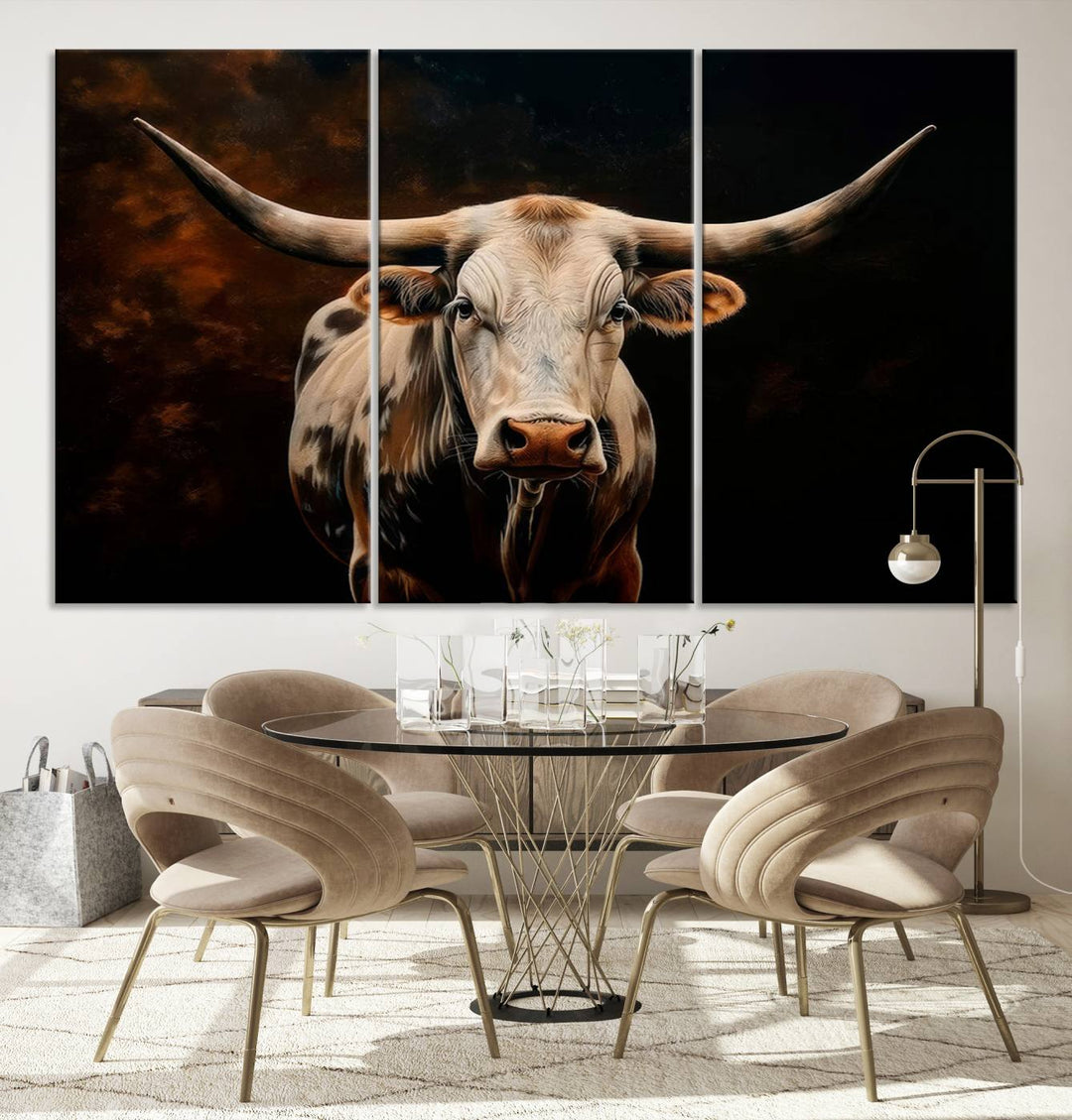 The Texas Longhorn Wall Art, a 3-panel large canvas print, infuses the room with a dash of cowboy charm.