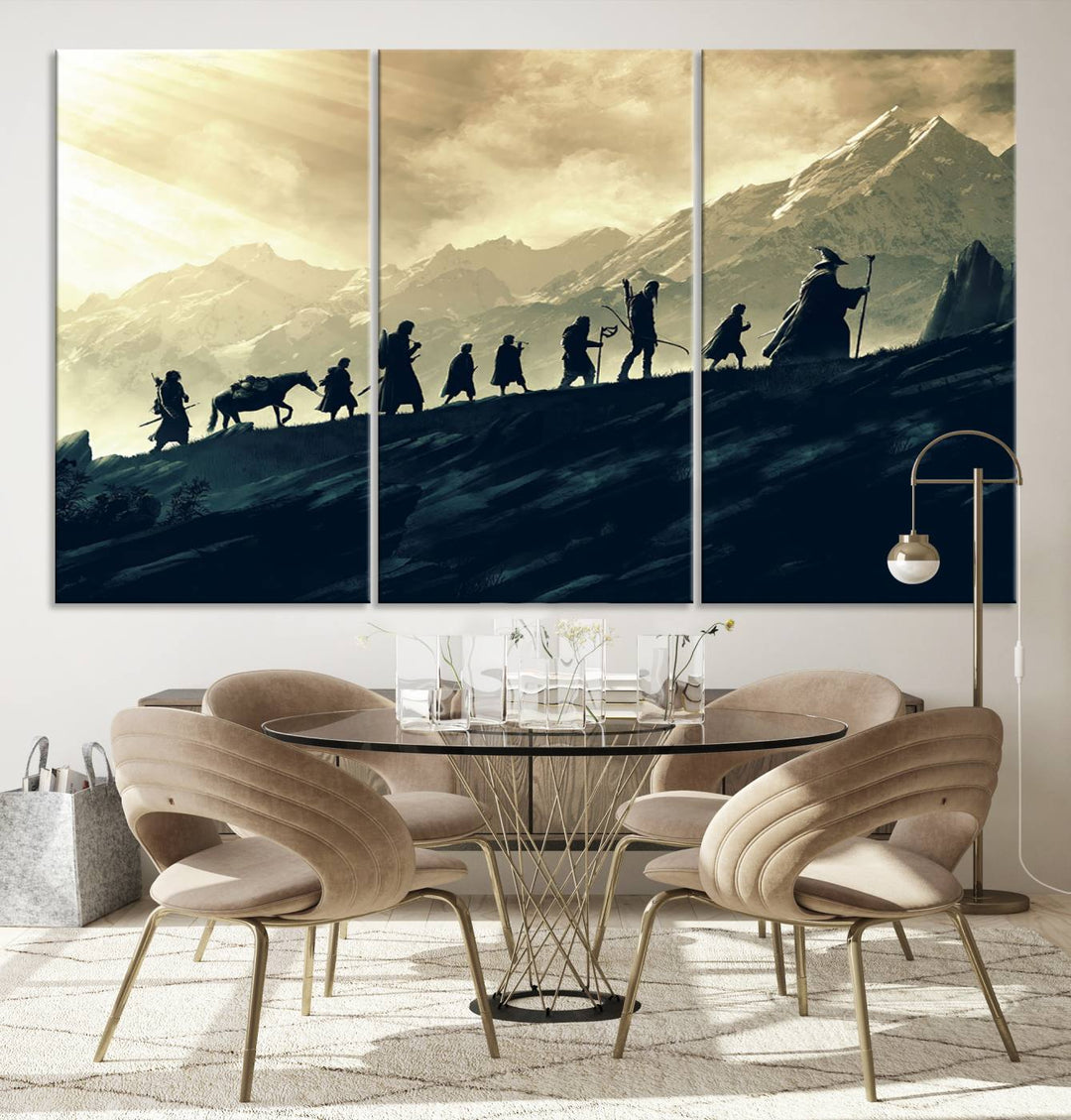 A canvas print titled "Lord of the Rings Silhouette Wall Art Capturing the Epic Quest Through Middle-Earth - The Fellowship's Journey" is displayed.