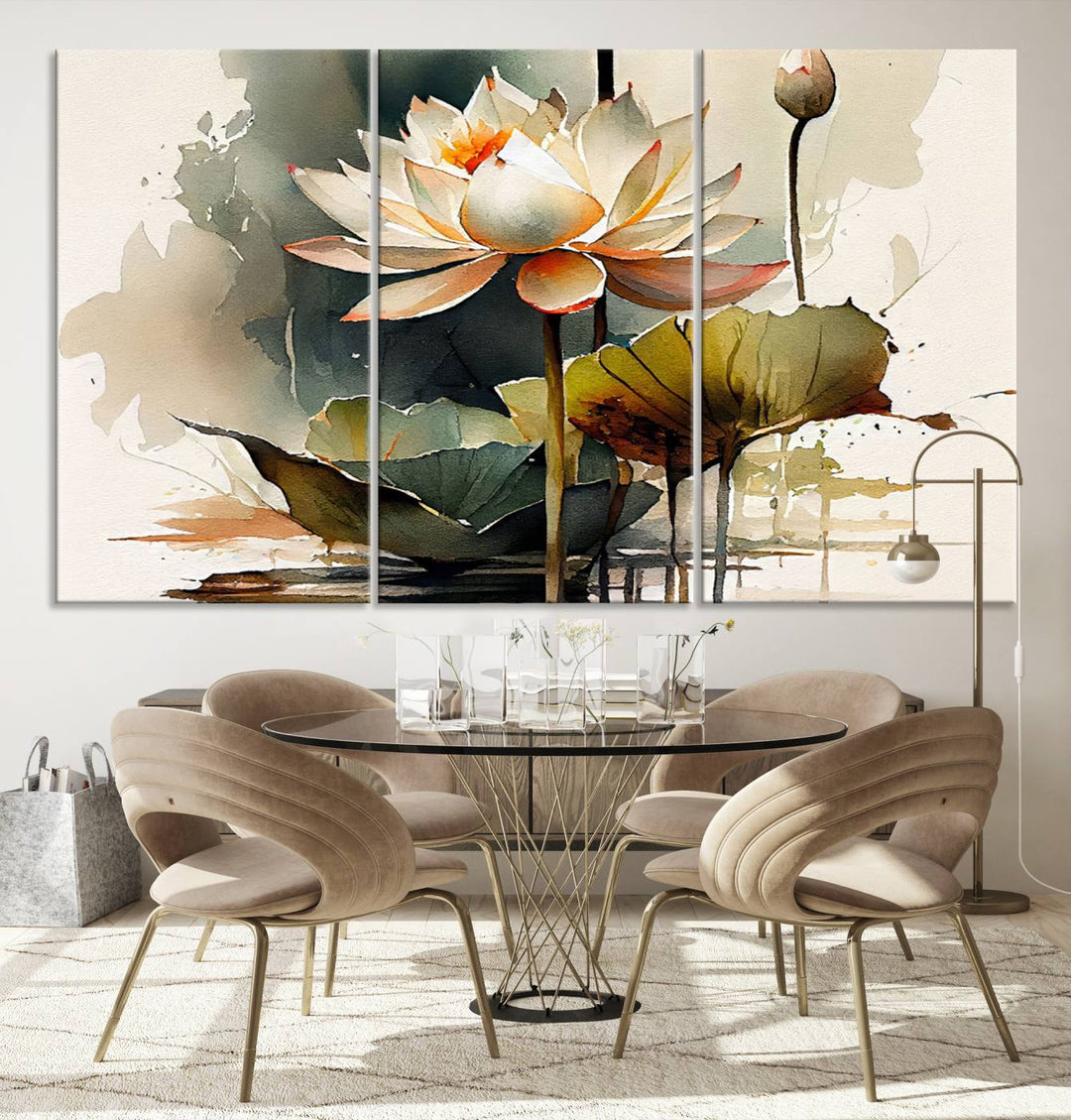 The Lotus Flower Watercolor Canvas Print, a contemporary wall art piece symbolizing serenity and growth with its soft watercolors, adorns the wall.