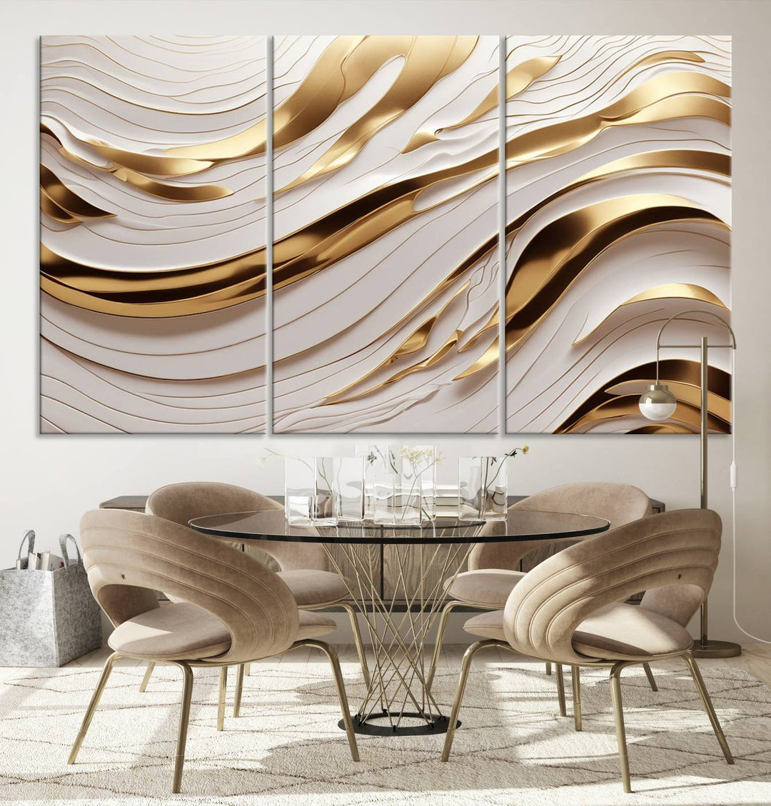 The "Gold and White Abstract Wave Canvas – Elegant Flowing Design with Luxurious Golden Accents" beautifully enhances the area and creates a stunning focal point in the room.