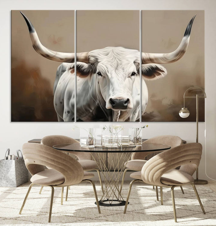 Texas Longhorn Canvas Wall Art features a triptych design on premium canvas with a gallery-quality finish.