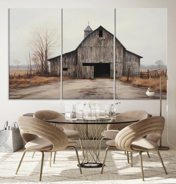 A framed and ready-to-hang Farmhouse Rustic Barn Wall Art Canvas Print is displayed against a gray wall. This stylish modern living room seamlessly combines rural life wall décor with contemporary comfort.