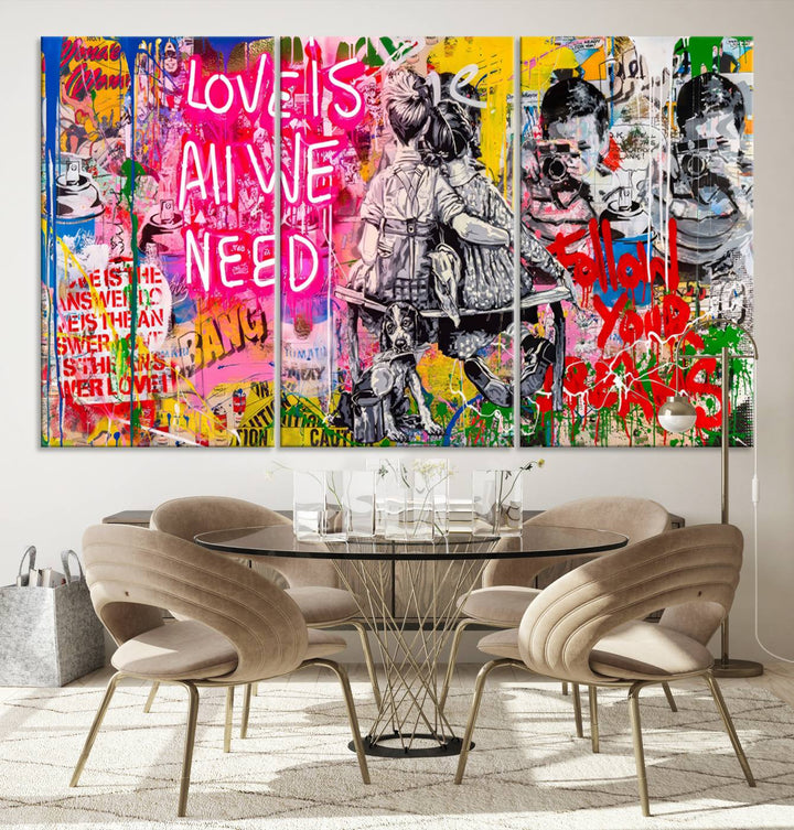 A vivid display of the "Follow Your Dreams & Love is All We Need" graffiti street art energizes a modern room with its three-panel arrangement. This bold giclee canvas print infuses any contemporary space with dynamic flair.