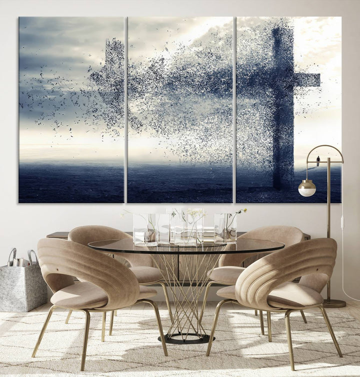 The "Jesus and the Fading Cross – Symbol of Faith" framed canvas print beautifully depicts a cross formed by birds against a moody sky above an ocean. This piece of Christian wall art infuses spirituality into the minimalist space.