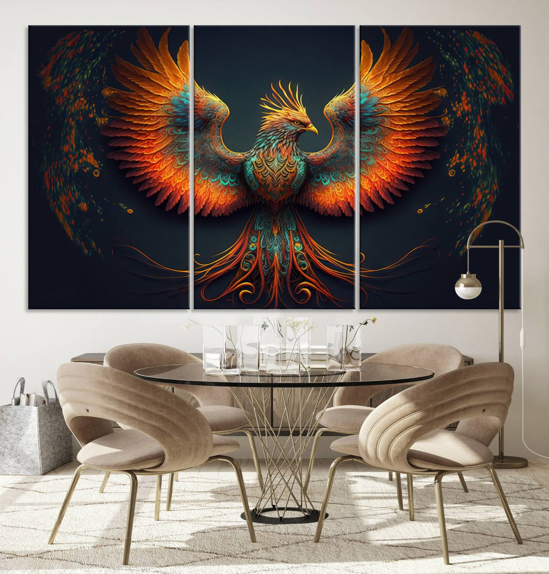 The Majestic Phoenix Wall Art Canvas Set, a fiery symbol of rebirth and strength, graces the wall.