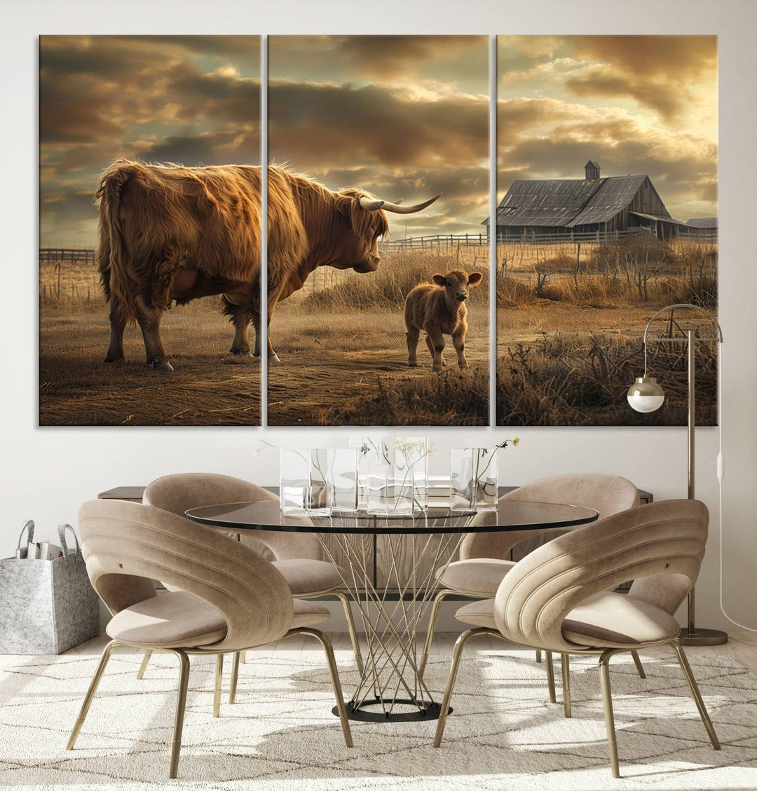 The living room features the "Highland Cow Canvas Wall Art Animal Print Pictures Fluffy Cattle Art," which captures a cow and calf in a rural sunset scene, adding gallery-quality charm.