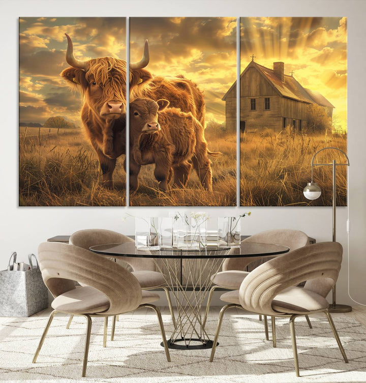 The room features the Barn and Highland Cow Canvas Wall Art Animal Print, a three-panel canvas depicting cows in a sunset field with a rustic barn backdrop. This handmade piece brings charm and character with its gallery-quality finish.