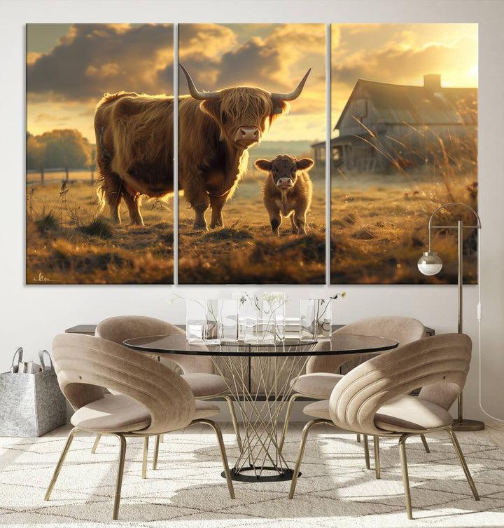 The "Highland Baby Cow Canvas Wall Art Animal Print" triptych art piece showcases a cow and calf in a sunlit field with a barn in the background.