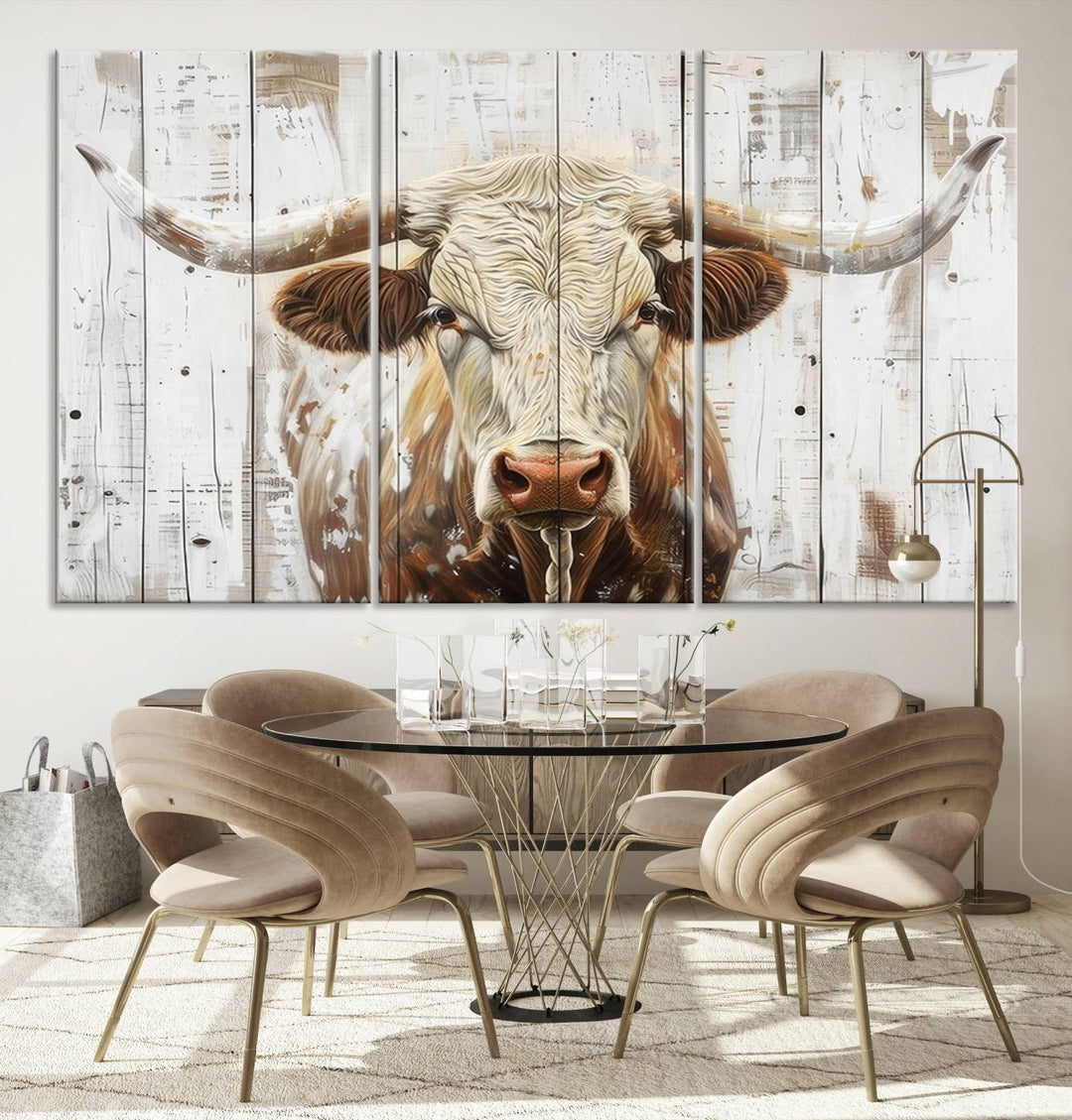 The dimly lit room is enhanced with Western charm by the Rustic Longhorn Bull Wall Art Canvas Set—Western-Inspired Farmhouse Décor, elegantly displayed on the wall.