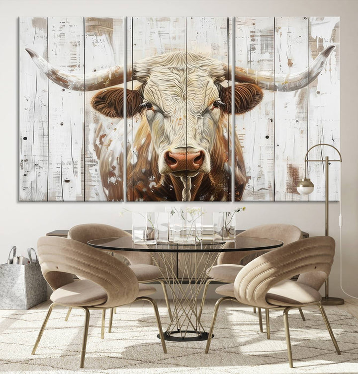 The dimly lit room is enhanced with Western charm by the Rustic Longhorn Bull Wall Art Canvas Set—Western-Inspired Farmhouse Décor, elegantly displayed on the wall.