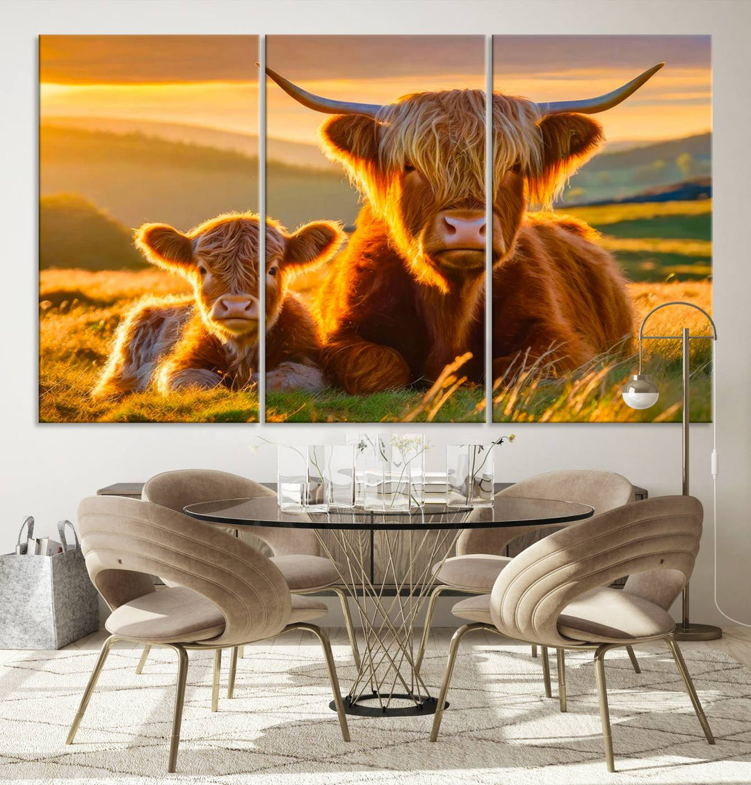 The living room showcases a gallery-quality finish with the Scottish Cow and Baby Cow Canvas Wall Art, featuring a charming animal print of fluffy cattle as the centerpiece. This stunning piece is displayed on premium canvas, creating an inviting atmosphere.