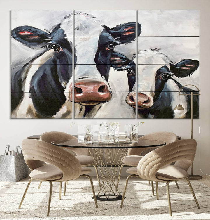 The Vintage Baby and Mom Cattle Wall Art Canvas Print is prominently displayed, adding a touch of contemporary and farmhouse decor to the modern living room.