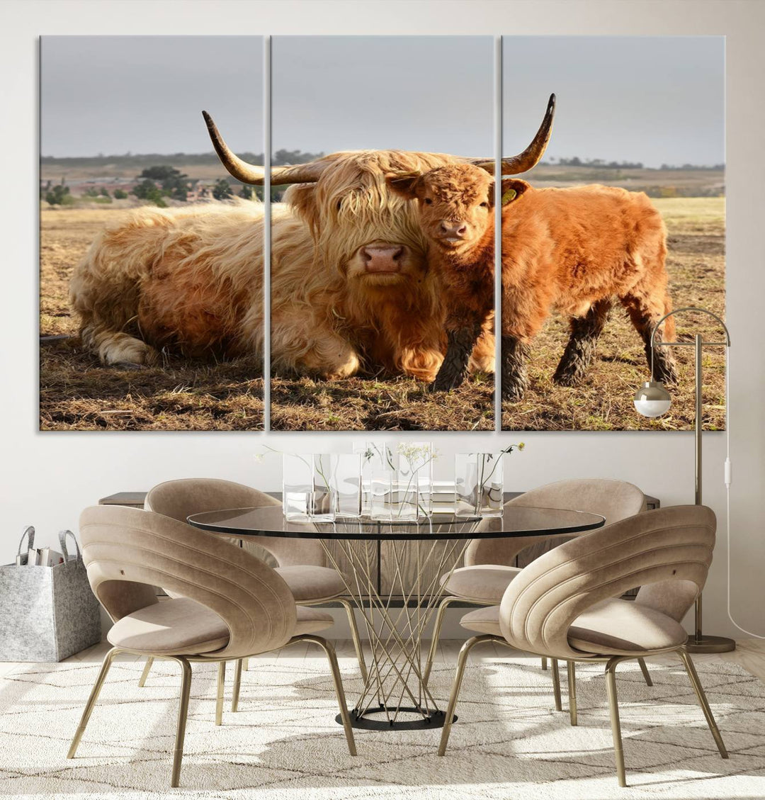 The three-panel canvas artwork, titled "Highland Cow Canvas Wall Art Animal Print for Farm House Decor," features a serene scene of a resting Highland cow and calf in a field. The piece highlights its gallery-quality finish.