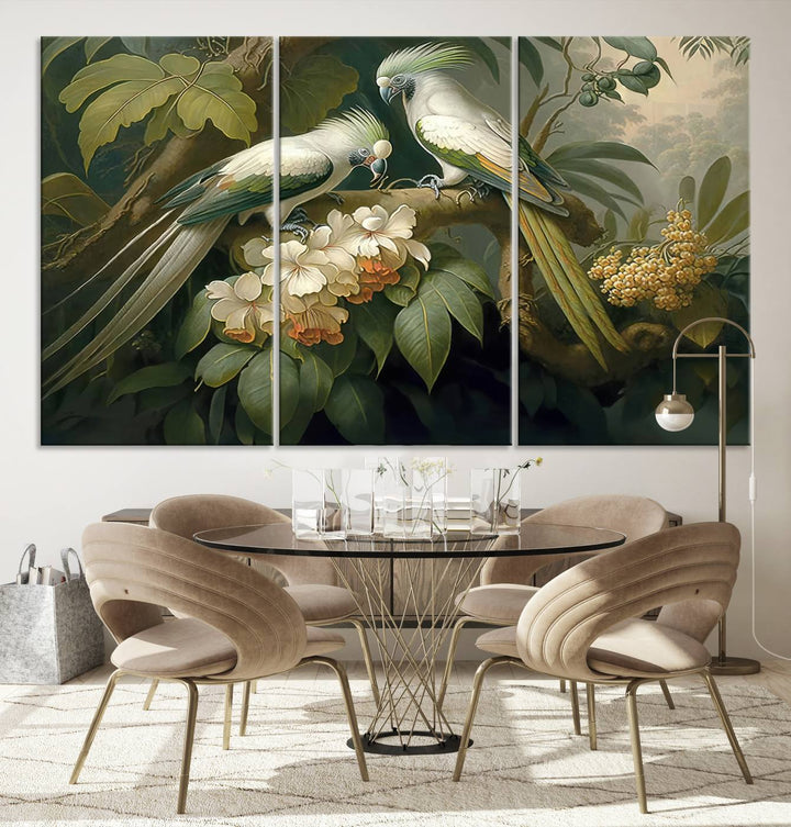 Crafted in the USA, this Tropical Paradise Print wall art features a stunning parrot amidst a lush forest and beautiful flowers.