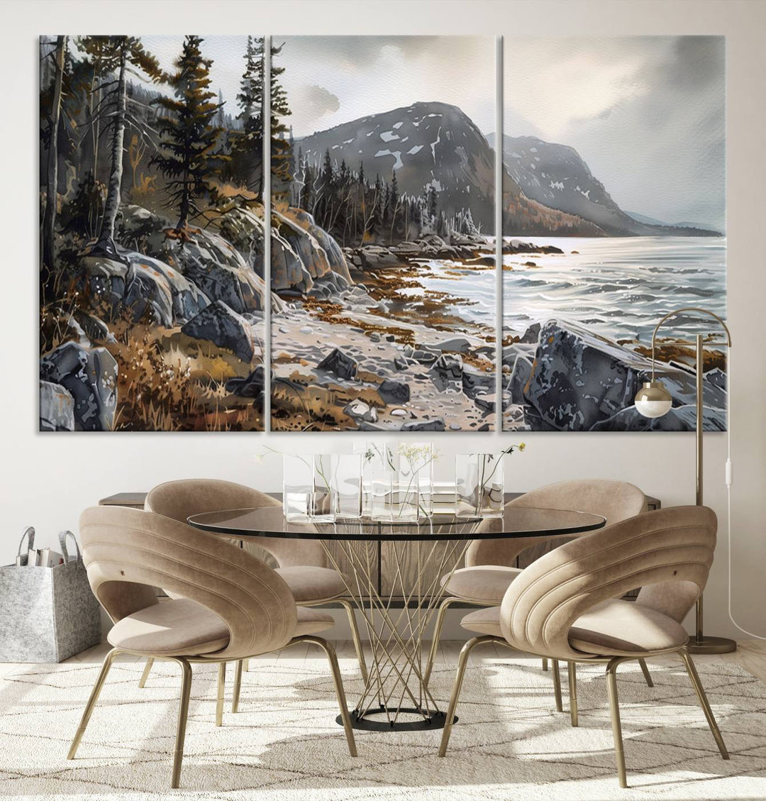 The stunning Serene Coastal View of Acadia National Park is a 3-panel wall art canvas print that beautifully captures a tranquil mountain and lake scene.