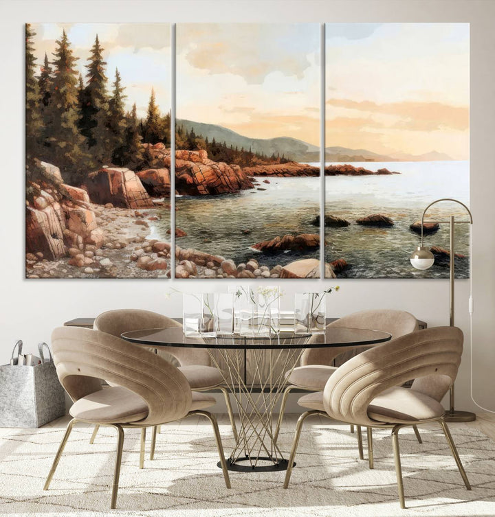 Serene Coastal View of Acadia National Park - Stunning 3-Panel Wall Art Canvas Print, Framed, Ready to Hang