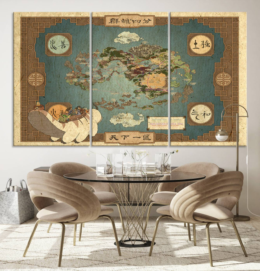 Hanging above is the Avatar: The Last Airbender Vintage Map - Wall Art Canvas Print, framed and ready to hang, showcasing an enchanting glimpse into the iconic four nations design.