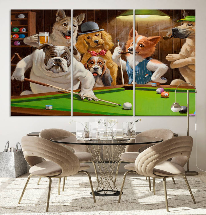 The "Dogs Playing Pool Canvas Wall Art" features a whimsical scene of dogs dressed as humans playing pool in a bar, presented as a three-panel display with a gallery-quality finish.