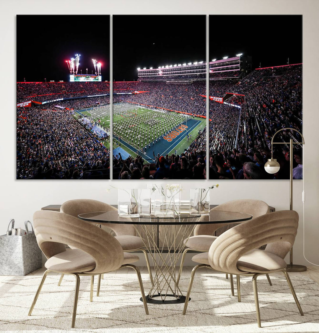 Ben Hill Griffin Stadium Night Game Triple Canvas Wall Art - Florida Gators Football Match