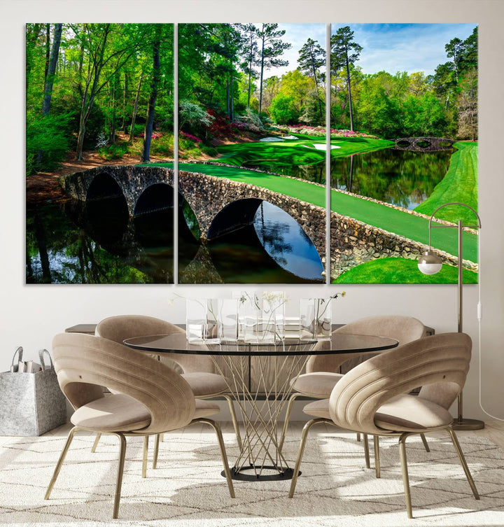 Augusta National Golf Club Wall Art - Panoramic Bridge & Lush Greenery – Premium Framed, Ready-to-Hang Triptych Canvas