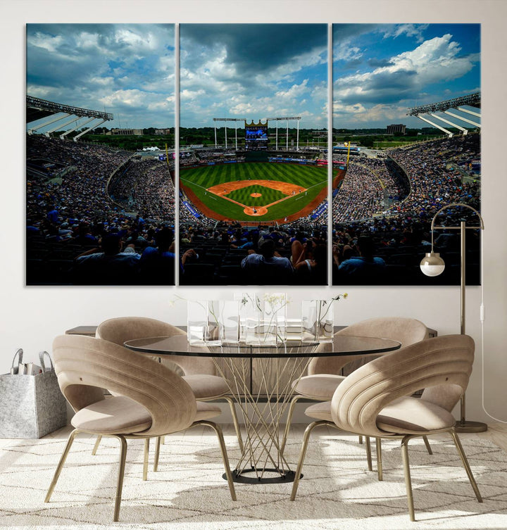 Kauffman Stadium Day Game Triple Canvas Wall Art - Kansas City Royals MLB Match