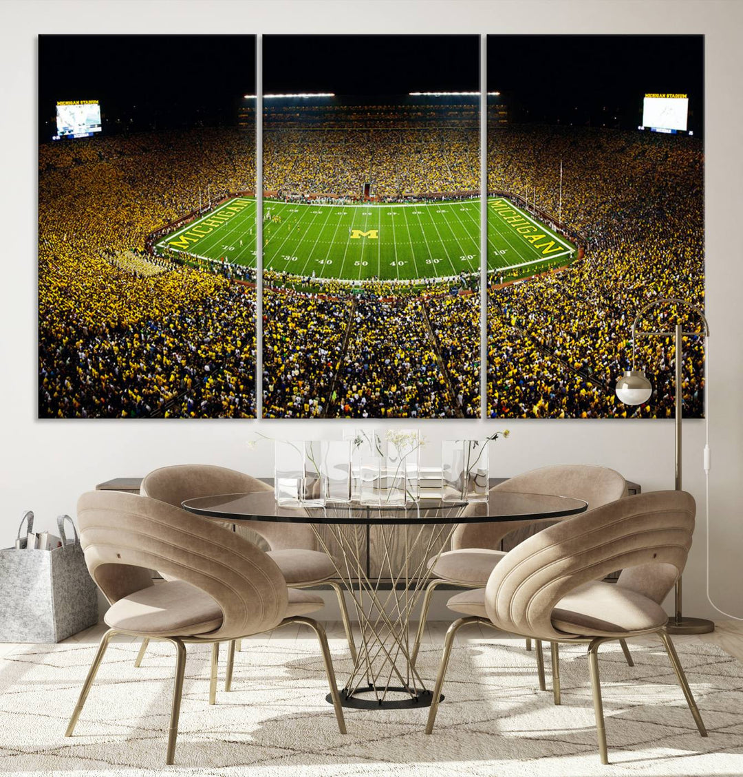 Michigan Wolverines Football Team Print - Michigan Stadium Night Game Triple Canvas Wall Art - University of Michigan Football Match