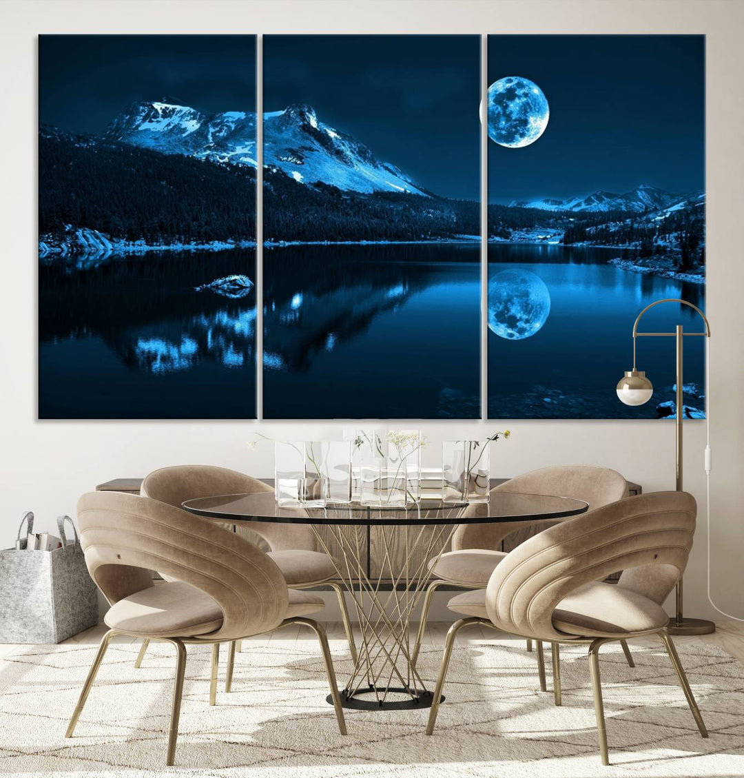 Blue Moon Mountain Lake Landscape Framed Wall Art Canvas Print