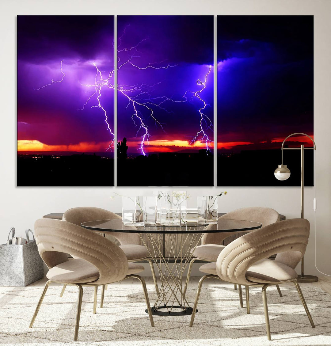 Electrifying Sunset Thunderstorm Canvas Print – Dramatic Lightning and Vibrant Sunset Wall Art