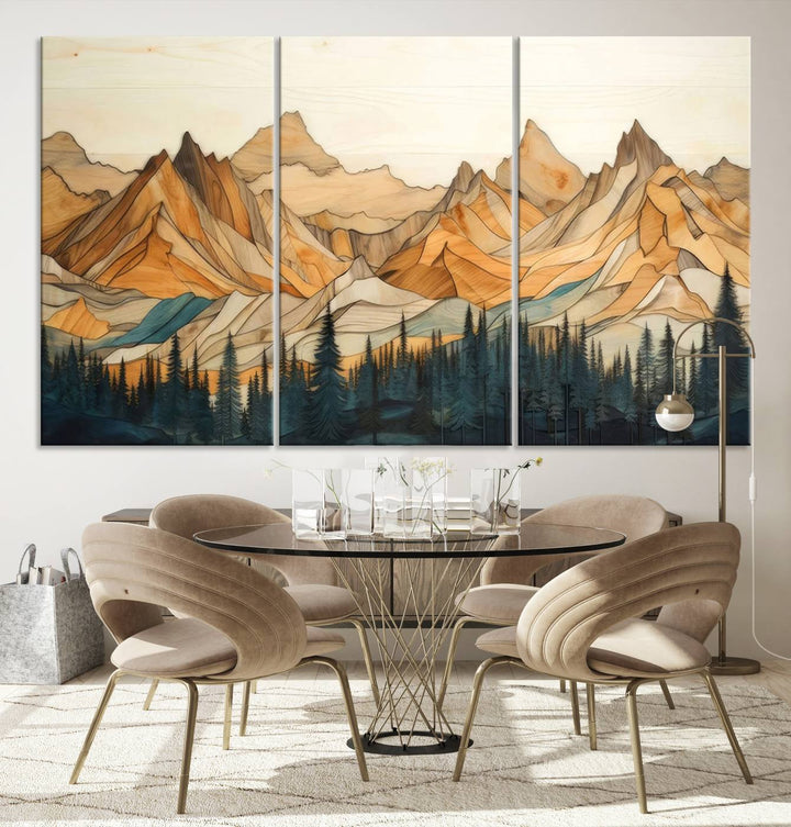 Rustic Wood Style Mountain Wall Art Print | Triptych Giclee Print Featuring Handcrafted Forest and Mountain Range Design | Framed Ready-to-Hang Print