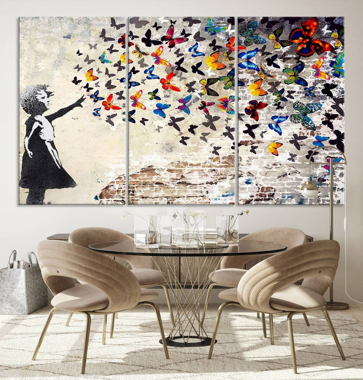 Banksy Style Girl with Butterflies Wall Art - Beautiful Framed Ready-to-Hang Triptych Canvas - Vibrant Butterfly Street Art for Modern Decor