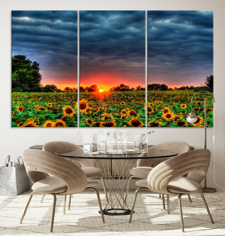 Golden Sunflower Field at Sunset – Breathtaking Sky and Vibrant Flowers, Ready to Hang Wall Art Canvas Print