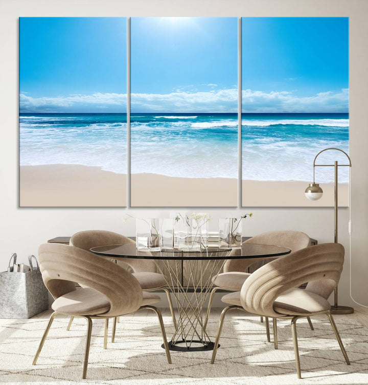 Lienzo decorativo para pared grande con estampado de mar y playa azul brillante