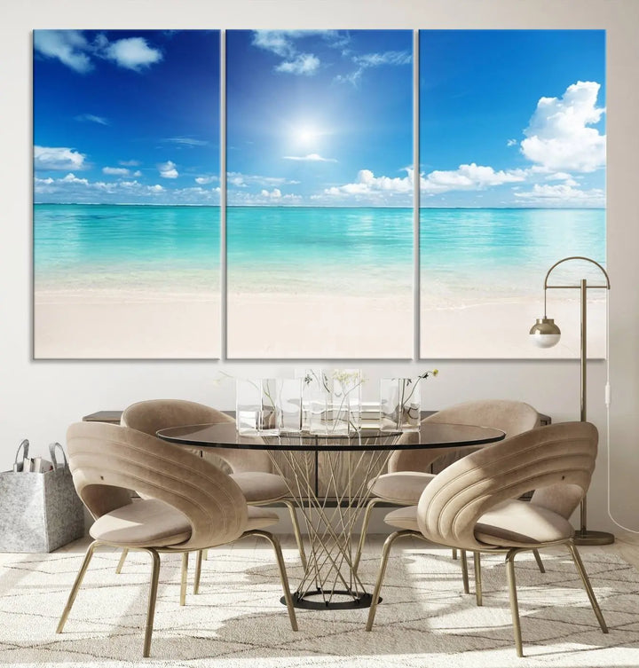 A contemporary living room showcasing the Wall Art Canvas Light Blue Beach and Ocean View.