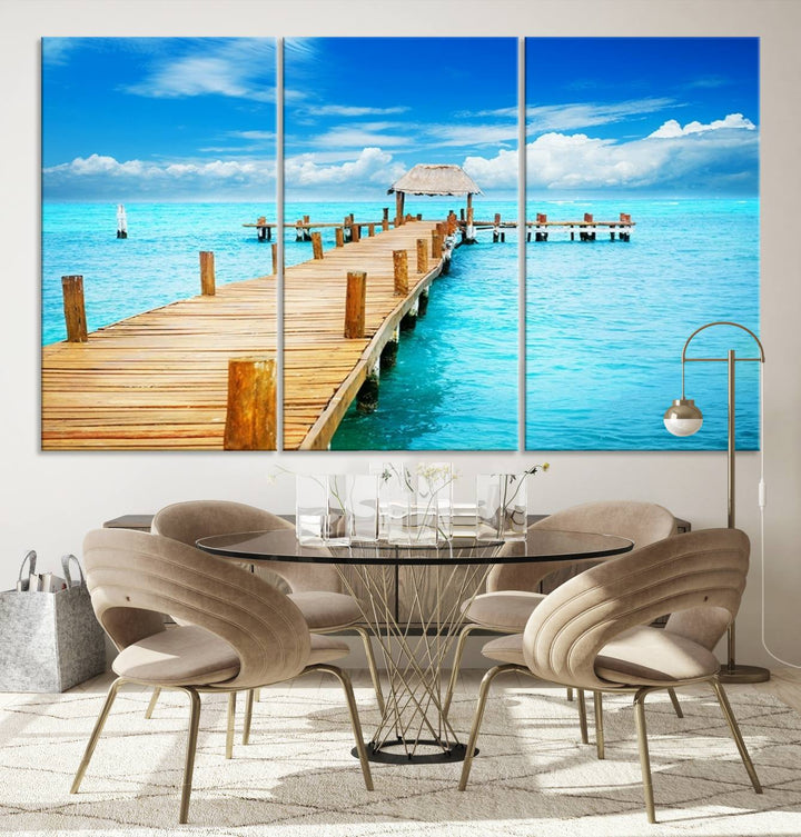 Tropical Pier Triptych Wall Art, Stunning Turquoise Ocean and Wooden Dock Canvas Print, Coastal Beach House Decor, Ocean View Canvas Art