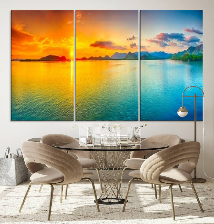 Impresión en lienzo de arte de pared grande, puesta de sol colorida, mar y montaña para decoración de sala de estar