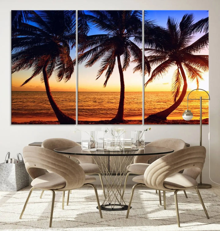 The living room features a wall adorned with the "Wall Art Canvas Curve Palms at Sunset on Beach," showcasing gallery-wrapped, museum-quality canvases in a stunning triptych.