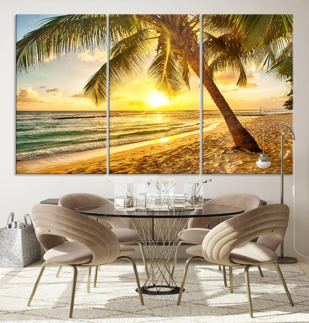 Wall Art Canvas Print Palm on Beach at Bright Sunset