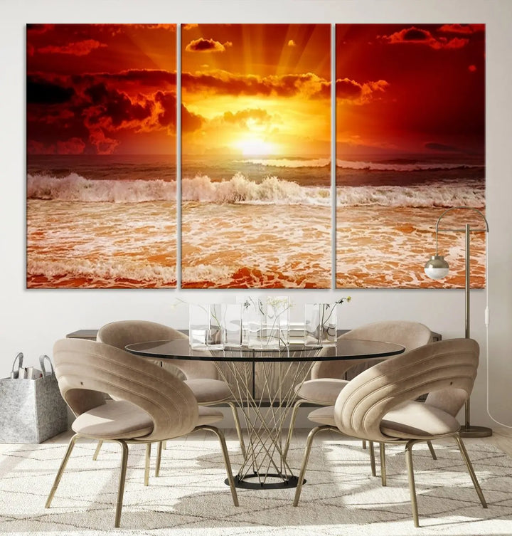 In a modern living room, the vibrant "Wall Art Canvas Perfect Sunset Turns Colour of Sea and Sky to Red," printed on museum-quality canvas, stands out. A floor lamp casts warm light over the ready-to-hang artwork, which includes a UV-protective coating to ensure lasting brilliance.