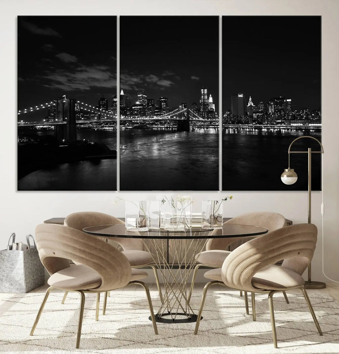 The "NEW YORK Canvas Prints Black and White Brooklyn Bridge Print" is a stunning triptych showcasing the iconic city skyline and bridge. Printed on museum-quality canvas with a UV-protective coating, it is ready to hang and instantly elevates your decor.