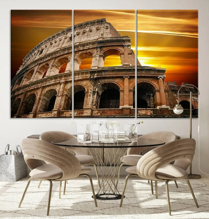 A three-panel canvas titled "Colosseum with Yellow Sunset Behind, Italy," protected with a UV-coating, is elegantly displayed.