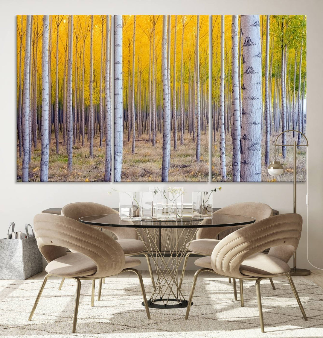 Impresión artística de pared con bosque de abedules en otoño