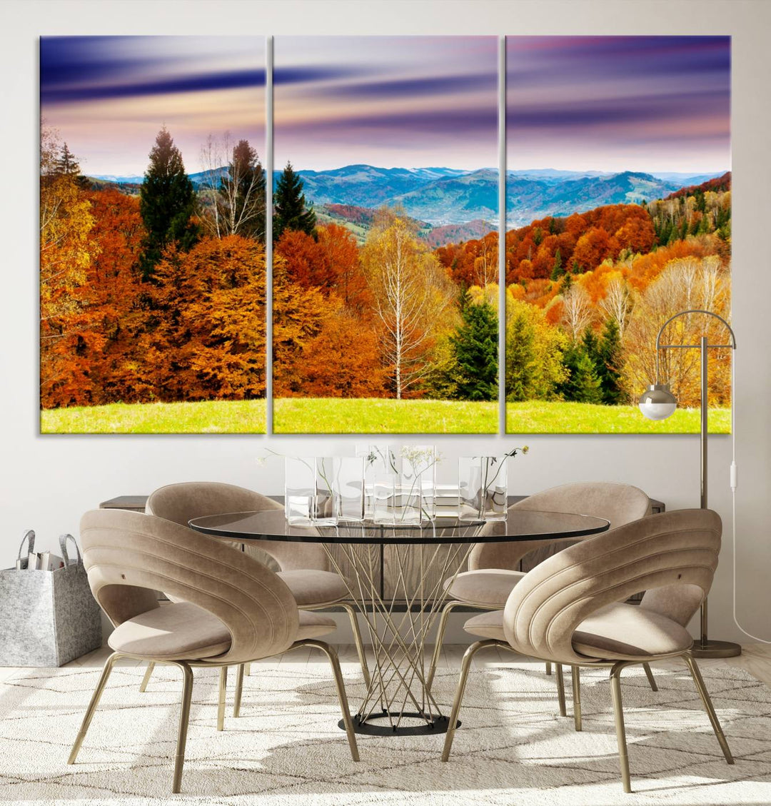 Autumn Colorful Forest Blue Mountains and Purple Sky at Sunset Wall Art Canvas Print