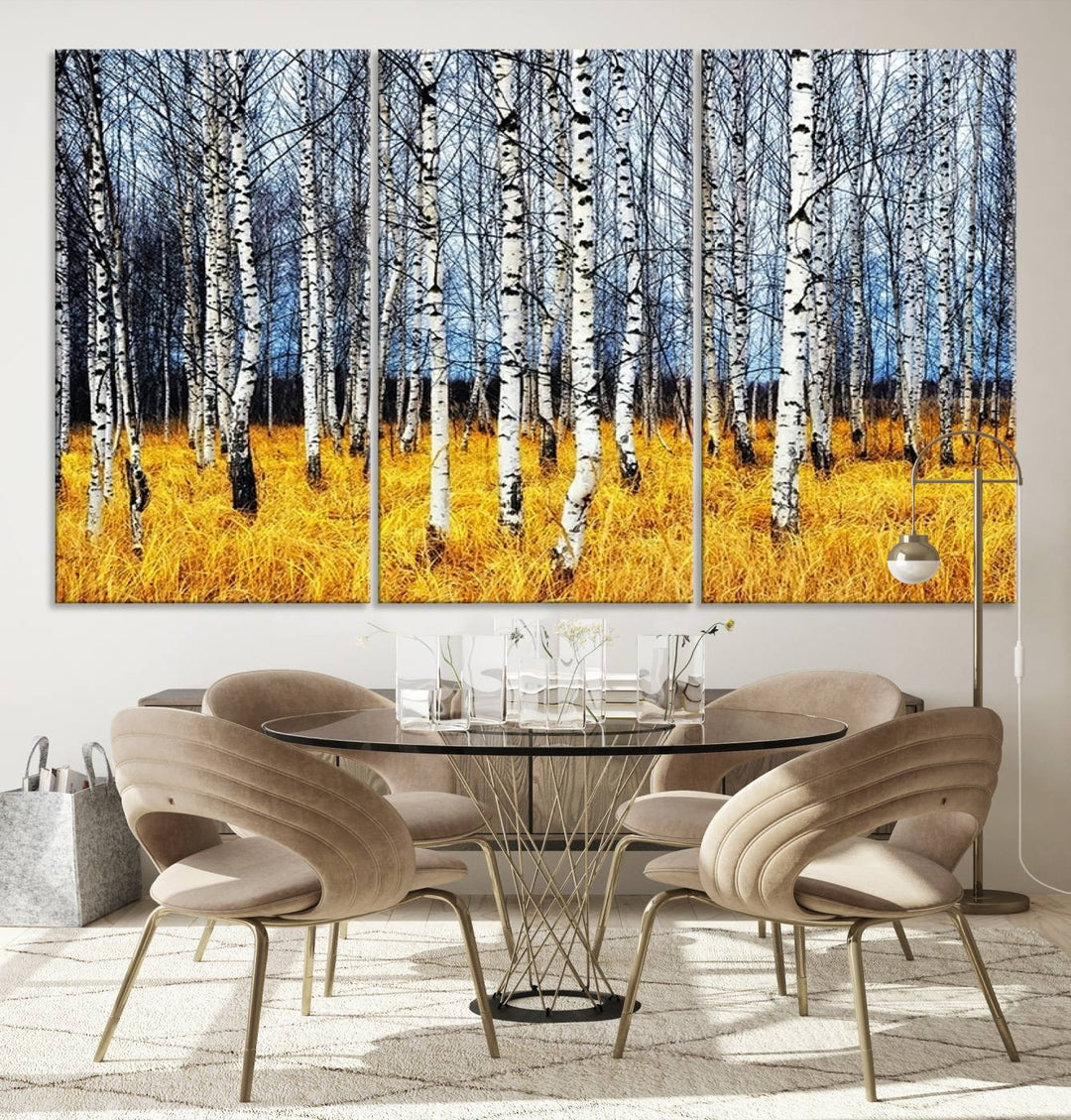 Impression d’art mural de bouleaux, art mural paysage, impression sur toile, arbres sans feuilles sur fond jaune