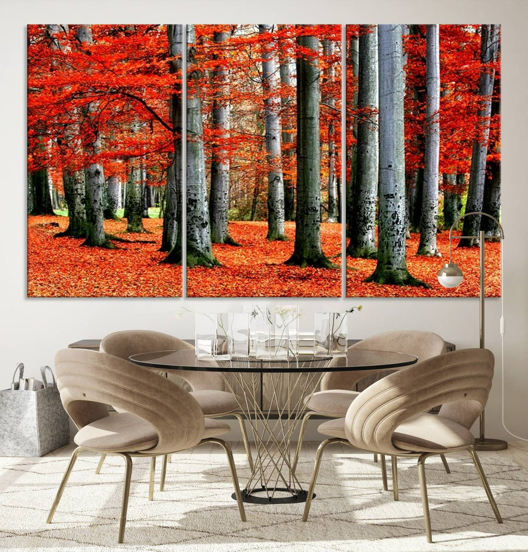 Impression sur toile de paysage d'art mural, feuilles rouges sur des arbres sur fond rouge