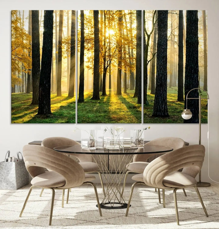 The living room is enhanced by the "Wall Art Landscape Canvas Print Tall Trees in Forest at Sunset" on museum-quality canvas. This triptych, complete with a UV-protective coating, is ready to hang and adds an artistic touch to the space.