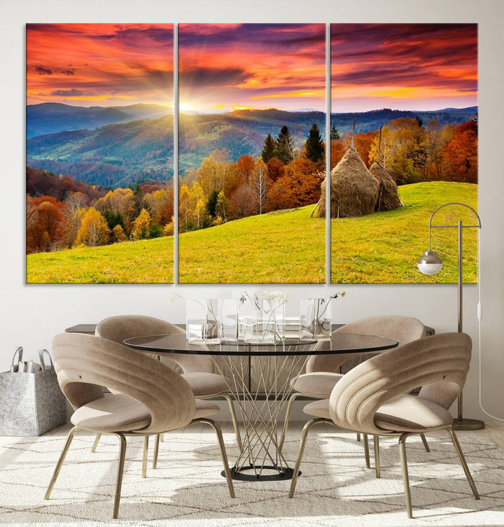 Impression sur toile de paysage d'art mural, tous les tons de vert au coucher du soleil