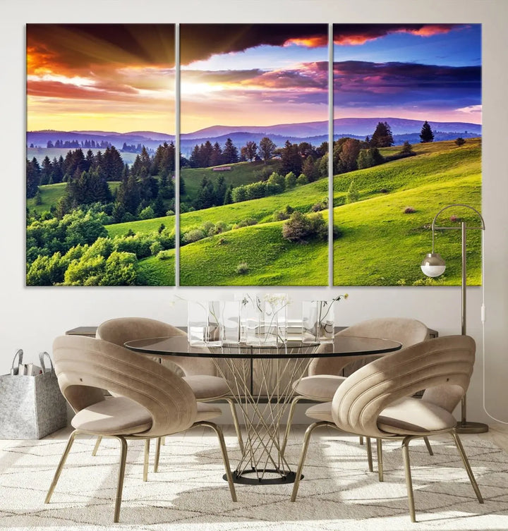 The room features a large triptych of the Green Hills and Sunset Wall Art Print, showcasing a scenic landscape with lush greenery and a vibrant sky.