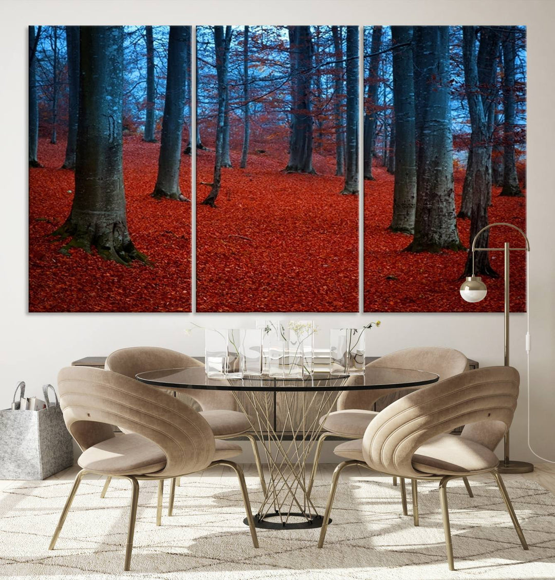 Impression sur toile de paysage d'art mural, feuilles rouges dans la forêt bleue